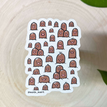 An illustration of mole like creatures on a wood background.