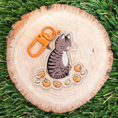 A clear acrylic keychain featuring a cute tabby cat and orange slices, attached to an orange claw clasp, displayed on a round wood slice over green grass