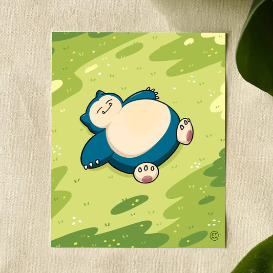 Illustration of blue, large creature laying in a bright, grassy field with flowers. 