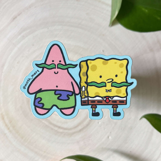 Illustration of a sea sponge and starfish with seaweed mustaches on a wood background with leaves. 