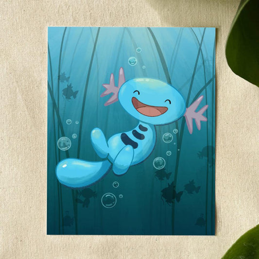 axolotl swimming art print.