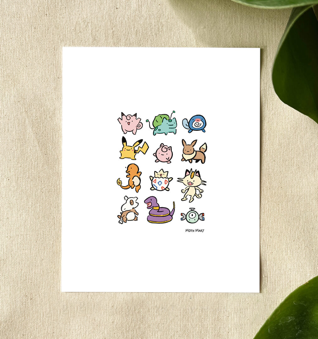 Print of 12 colorful cartoon creatures on a white back, set on a canvas background with leaves in the corners. 