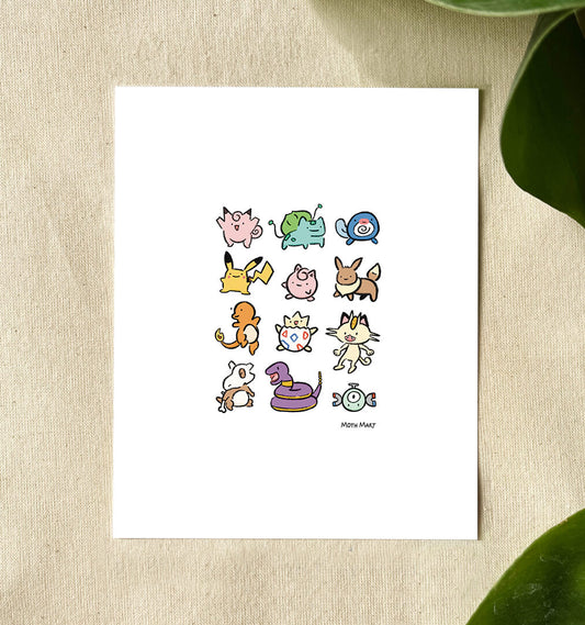 Print of 12 colorful cartoon creatures on a white back, set on a canvas background with leaves in the corners. 